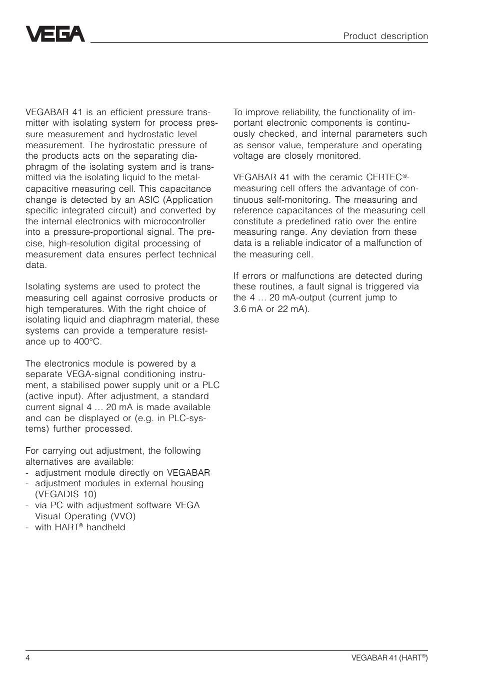 1 product description, 1 function and configuration, 2 self-monitoring | VEGA VEGABAR 41 HART User Manual | Page 4 / 44