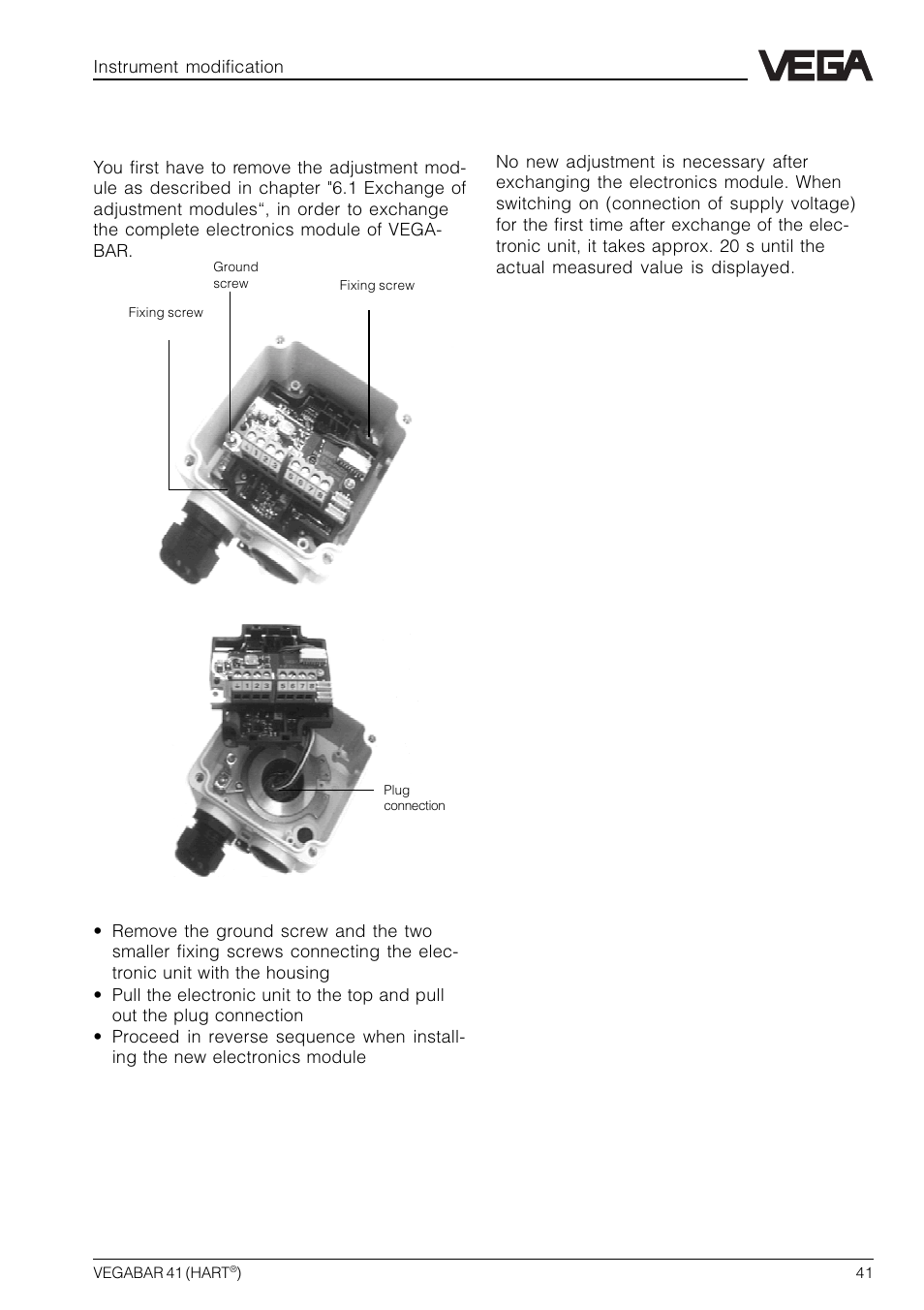 2 exchange of electronics | VEGA VEGABAR 41 HART User Manual | Page 41 / 44