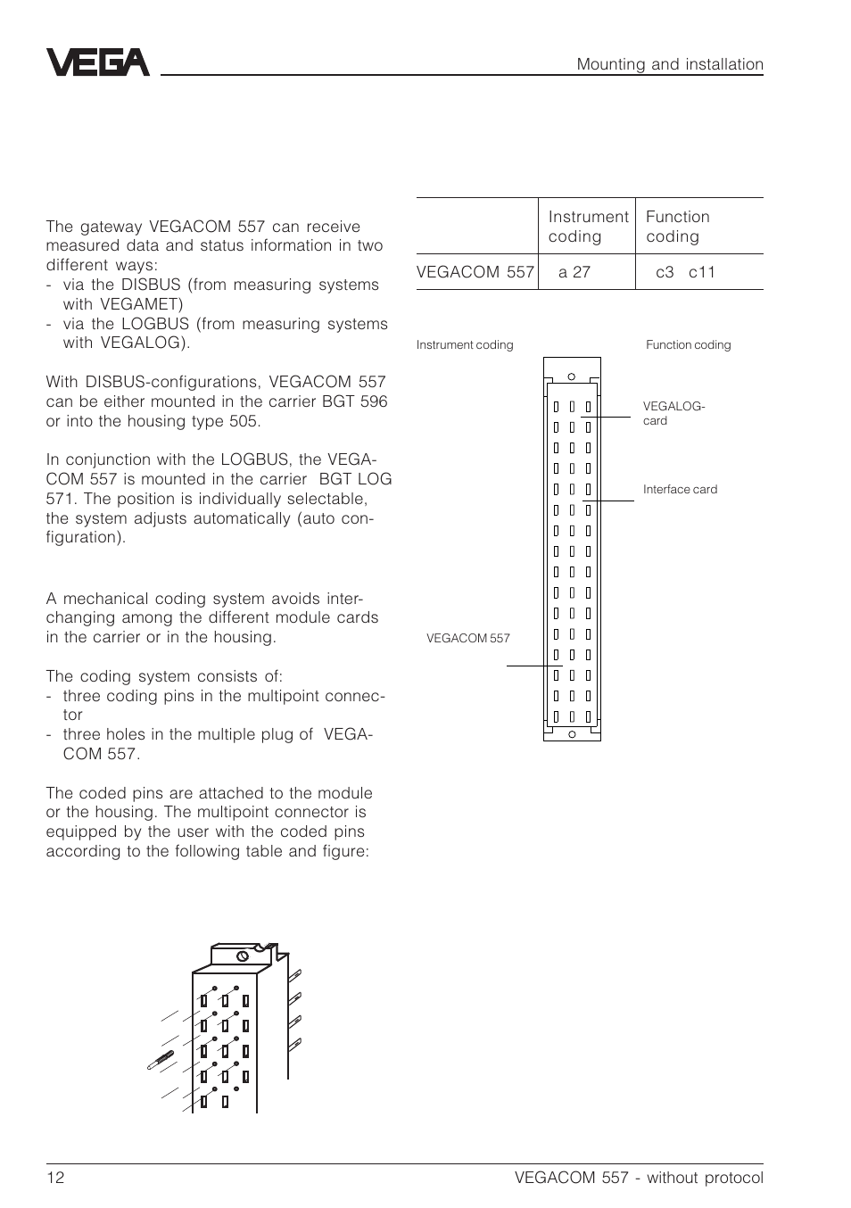 5 mounting and installation, 1 mounting and connection instructions, 1 mounting and connection in- structions | Coding | VEGA VEGACOM 557 PC-MODEM - Interface User Manual | Page 12 / 20