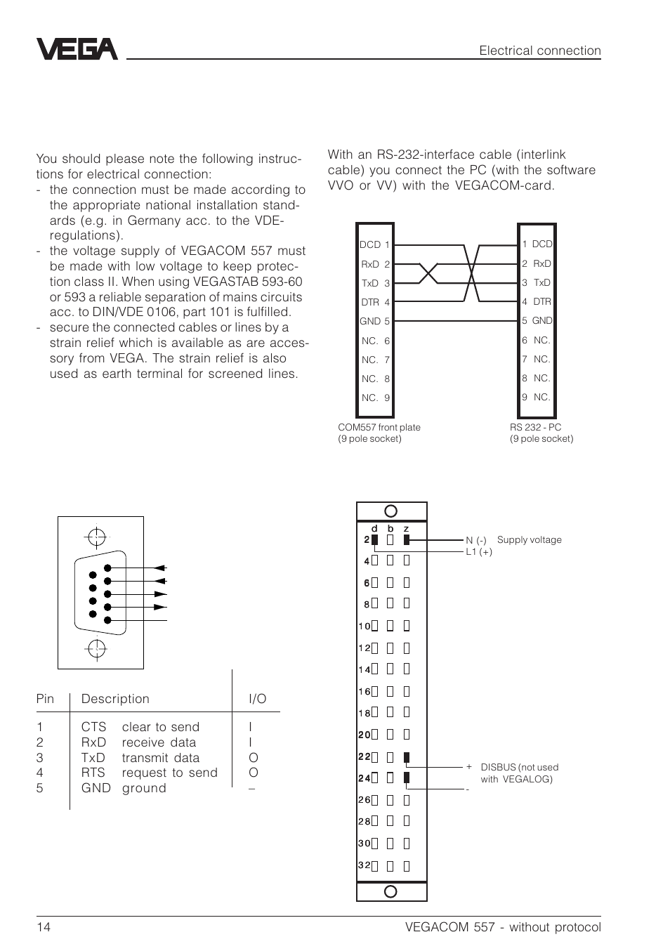 6 electrical connection, 1 connection instructions, 2 connection plans | Interface cable pc – vegacom | VEGA VEGACOM 557 PC-MODEM - Interface User Manual | Page 14 / 20