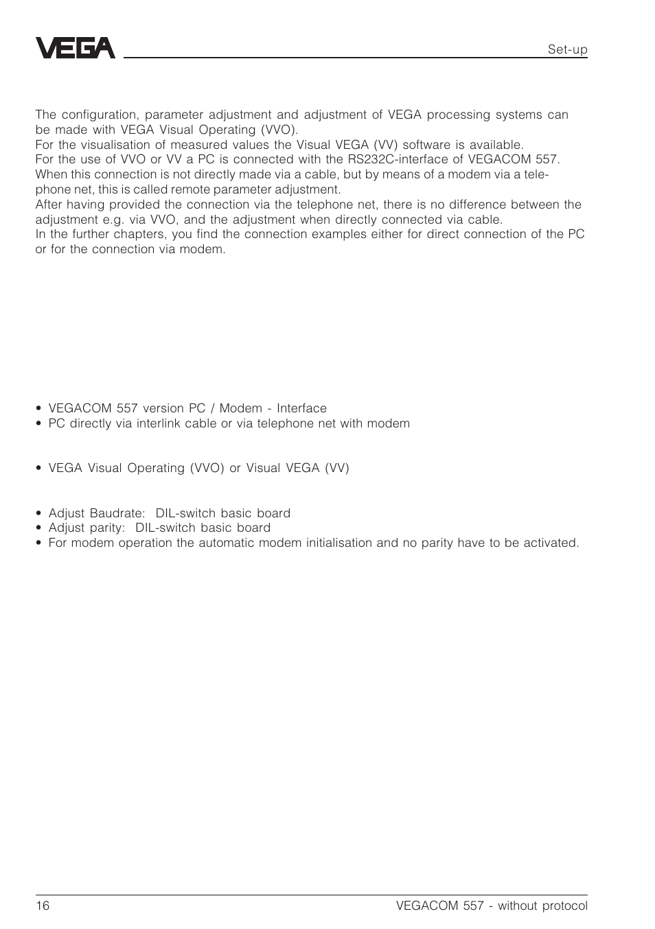 8 vvo or vv in conjunction with vegacom 557, 9 set-up, 1 set-up-checklist | VEGA VEGACOM 557 PC-MODEM - Interface User Manual | Page 16 / 20