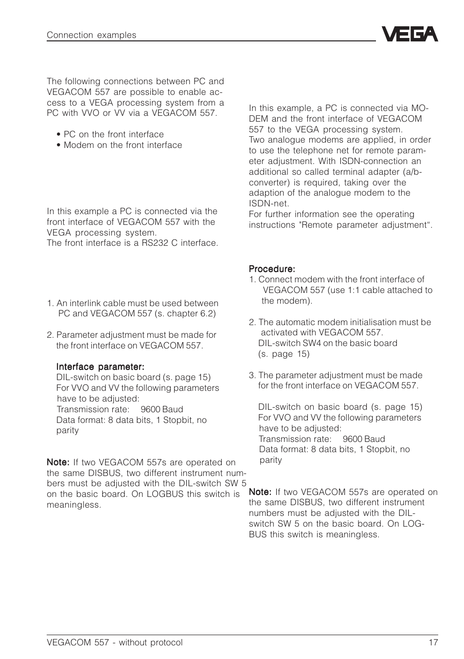10 connection examples, 1 pc on the front interface, 2 modem on front rs232 - interface | VEGA VEGACOM 557 PC-MODEM - Interface User Manual | Page 17 / 20