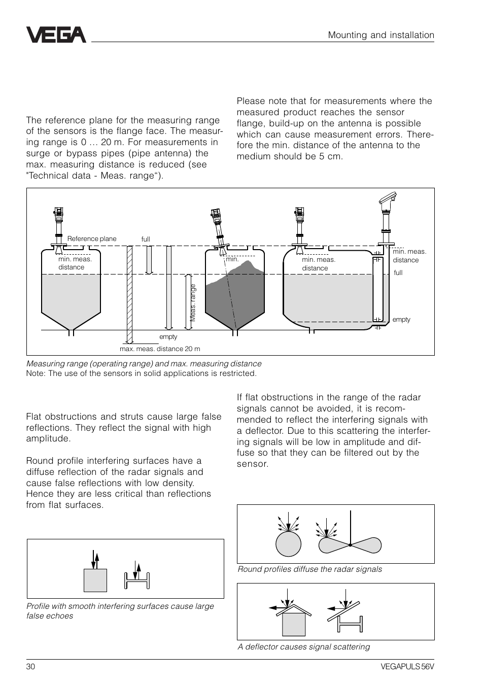 4 mounting and installation, 1 general installation instructions, Measuring range | False reflections | VEGA VEGAPULS 56V User Manual | Page 30 / 80