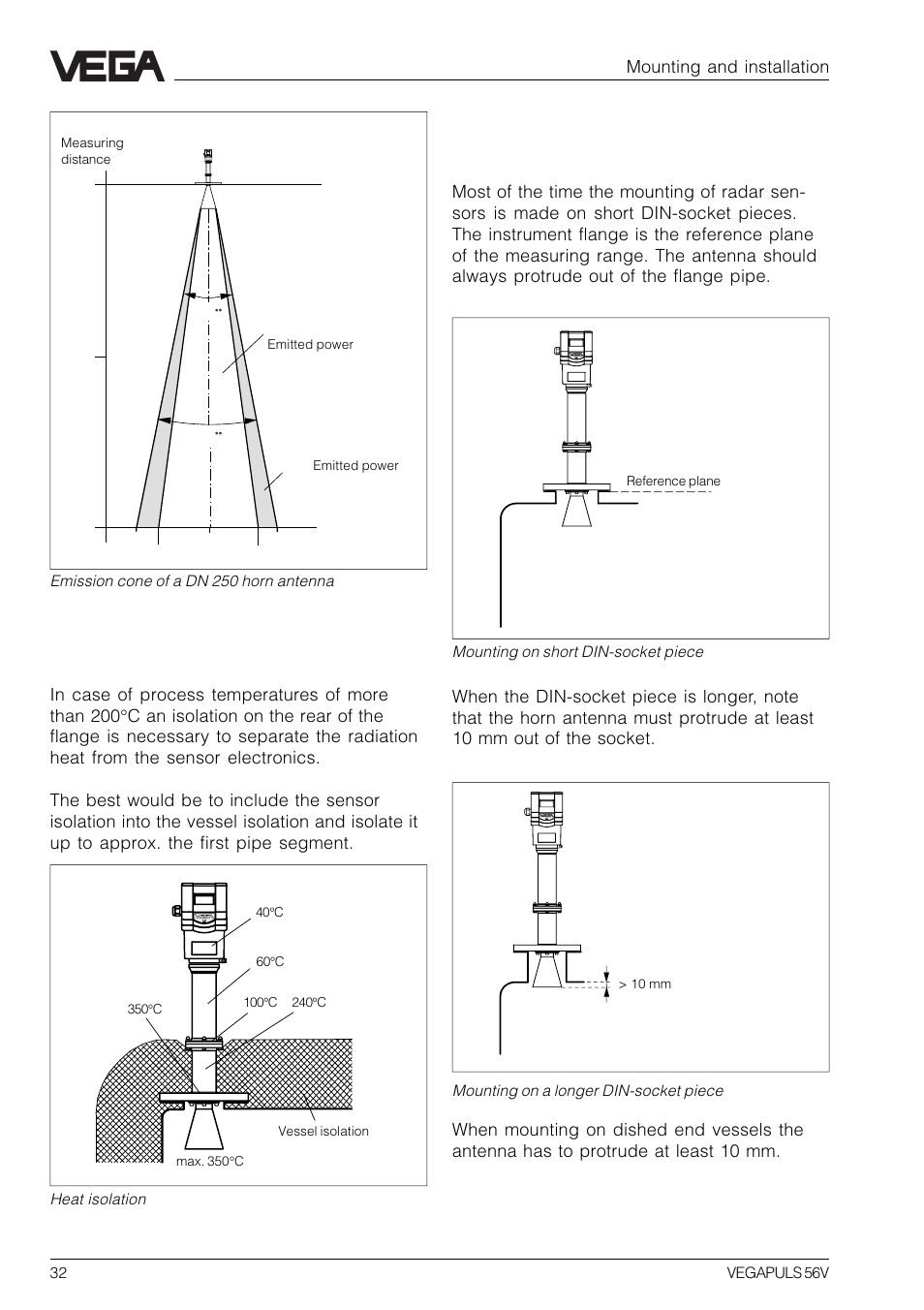 2 measurement of liquids, Heat isolation, Sensor on din-socket piece | Mounting and installation | VEGA VEGAPULS 56V User Manual | Page 32 / 80