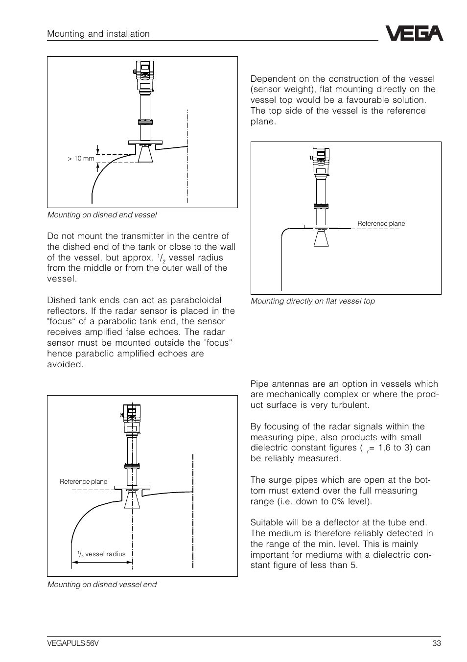 Sensor directly on the vessel top, General instructions | VEGA VEGAPULS 56V User Manual | Page 33 / 80