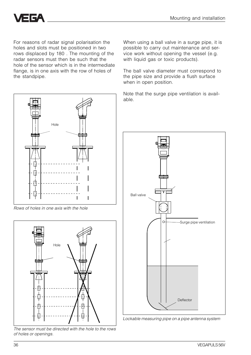 Polarisation direction, Standpipe with ball valve | VEGA VEGAPULS 56V User Manual | Page 36 / 80