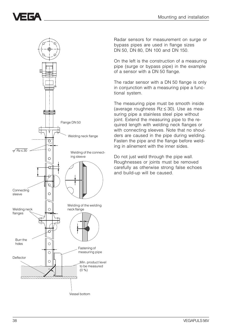 Construction instructions for standpipe, Mounting and installation | VEGA VEGAPULS 56V User Manual | Page 38 / 80