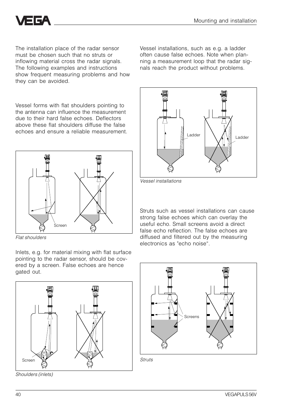 4 false echoes, Shoulders, Vessel installations | Struts | VEGA VEGAPULS 56V User Manual | Page 40 / 80