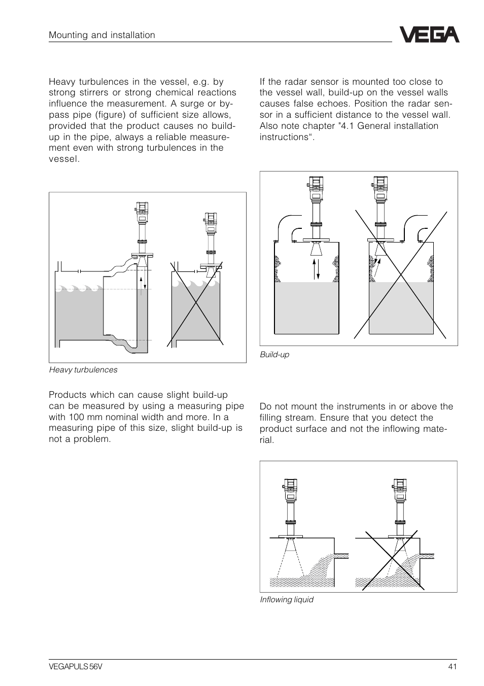 Strong product movements, Inflowing material, Build-up | VEGA VEGAPULS 56V User Manual | Page 41 / 80