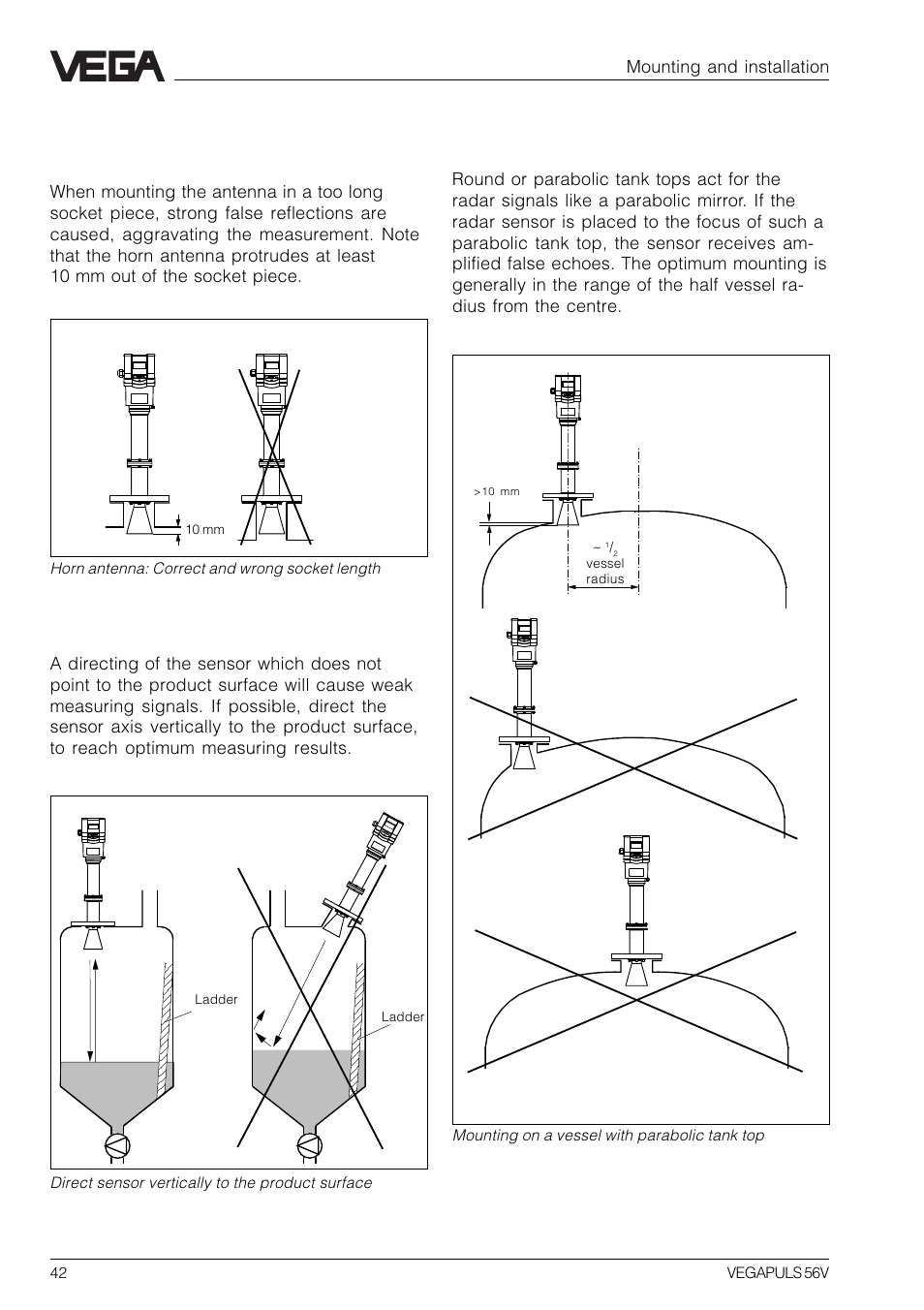 5 installation fault, Socket piece too long, Wrong directing to the product surface | Mounting and installation | VEGA VEGAPULS 56V User Manual | Page 42 / 80