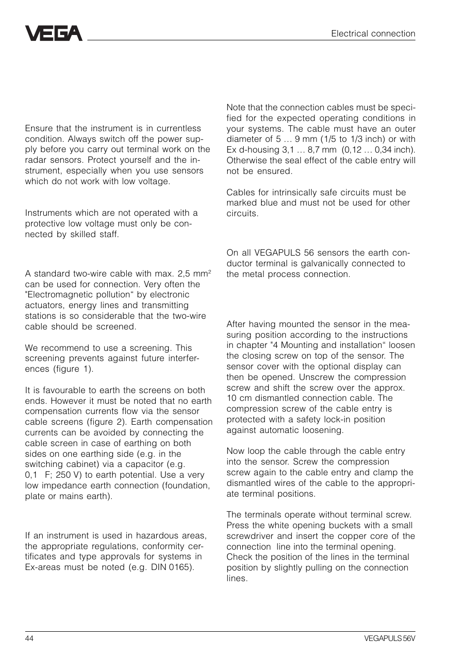5 electrical connection, 1 connection and connection cable, 2 connection of the sensor | VEGA VEGAPULS 56V User Manual | Page 44 / 80
