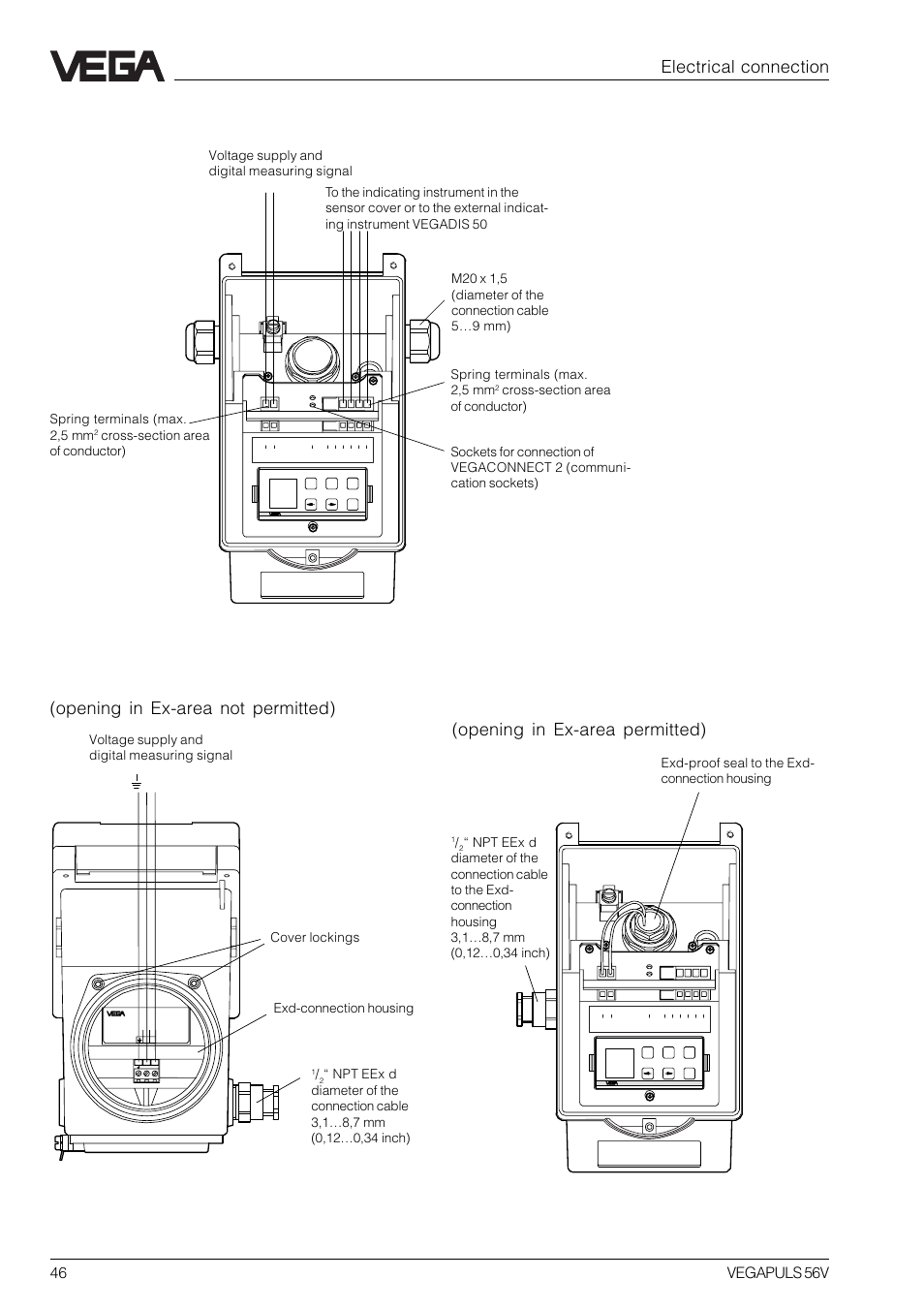 Ex ia-version, Electrical connection, 46 vegapuls 56v | Exd-connection housing, Cover lockings | VEGA VEGAPULS 56V User Manual | Page 46 / 80