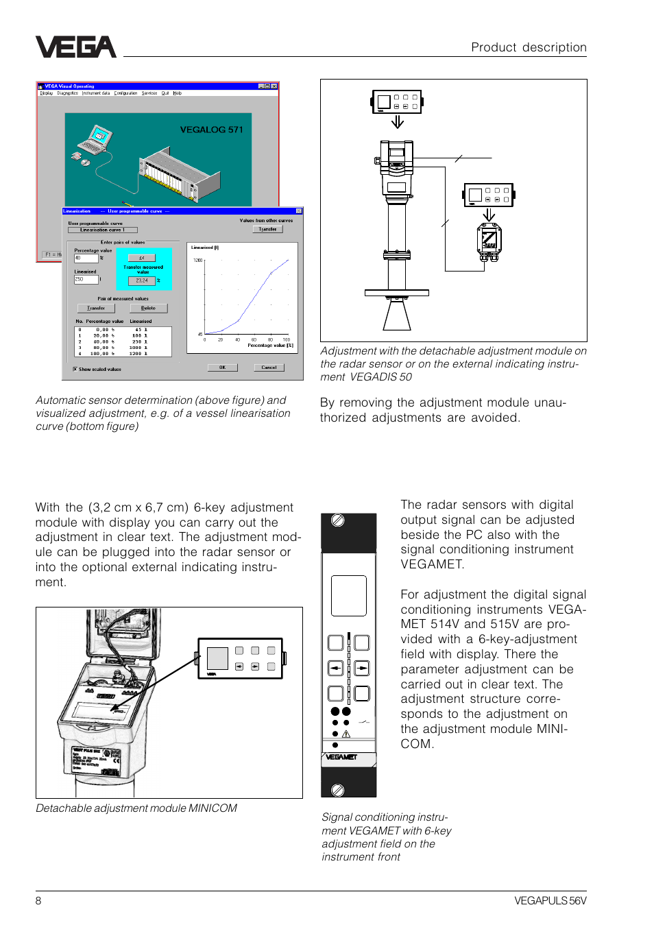 Adjustment with adjustment module minicom, Product description, 8vegapuls 56v | VEGA VEGAPULS 56V User Manual | Page 8 / 80