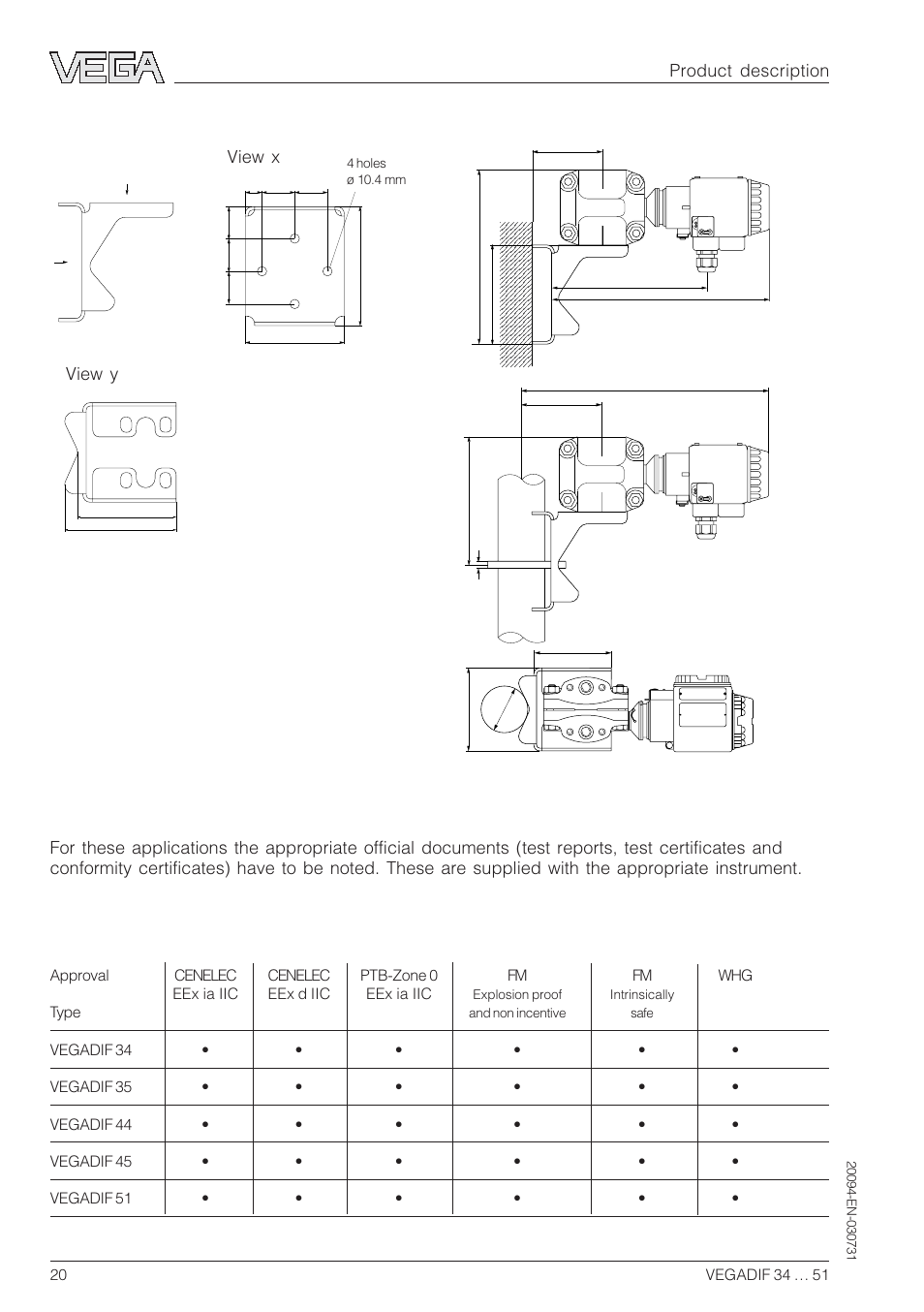 6 approvals, Mounting bracket installation instructions, Product description | View x view y | VEGA VEGADIF 34 … 51 User Manual | Page 20 / 64
