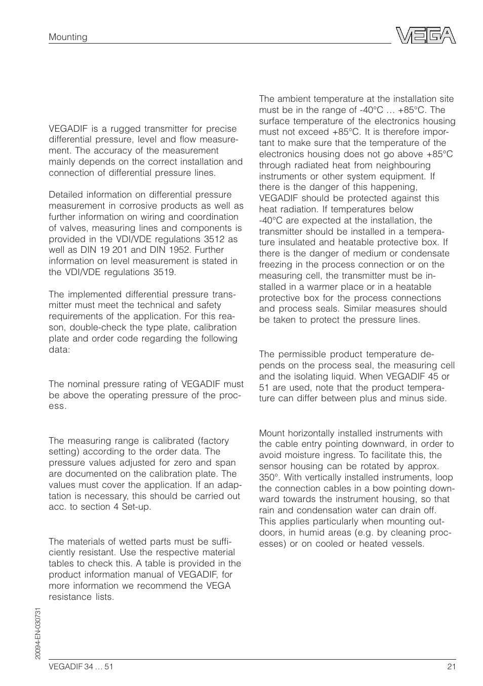 2 mounting, 1 checking the operating conditions | VEGA VEGADIF 34 … 51 User Manual | Page 21 / 64