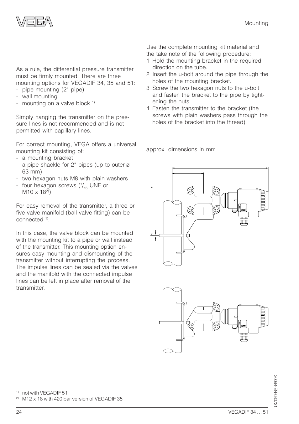 3 mounting, Pipe mounting, Unf or m10 x 18 | VEGA VEGADIF 34 … 51 User Manual | Page 24 / 64