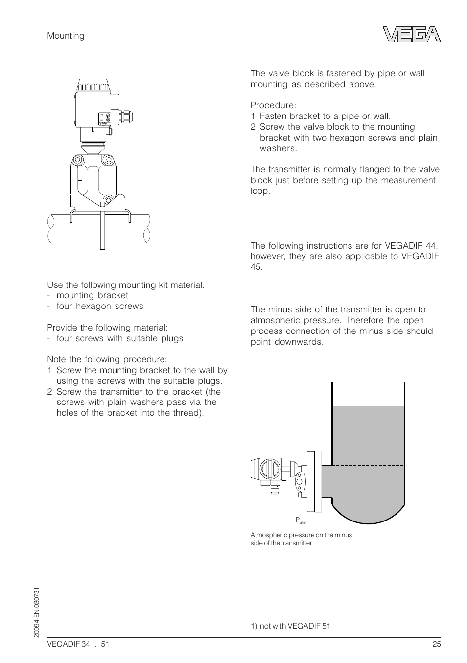 Wall mounting, Mounting with valve block | VEGA VEGADIF 34 … 51 User Manual | Page 25 / 64