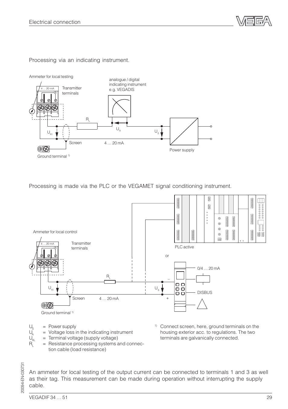 3 connection, Electronics powered by a power supply unit, Processing via an indicating instrument | Electrical connection | VEGA VEGADIF 34 … 51 User Manual | Page 29 / 64