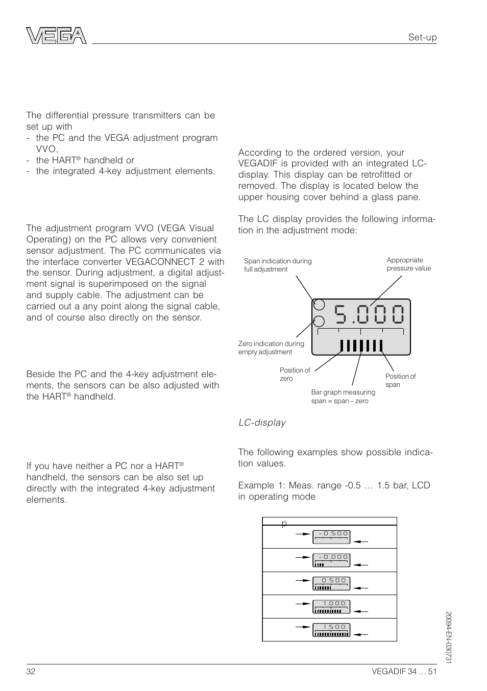 4 set-up, 1 adjustment structure, 2 adjustment with the 4-key adjustment element | Lc display in operating mode, Adjustment program vvo, Hart, Handheld, Key adjustment elements with lc- display | VEGA VEGADIF 34 … 51 User Manual | Page 32 / 64