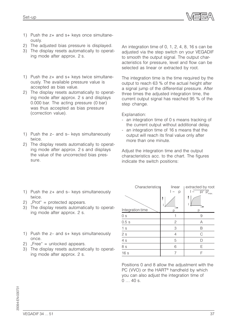 Lock/unlock keys, Integration time and output characteris- tics | VEGA VEGADIF 34 … 51 User Manual | Page 37 / 64