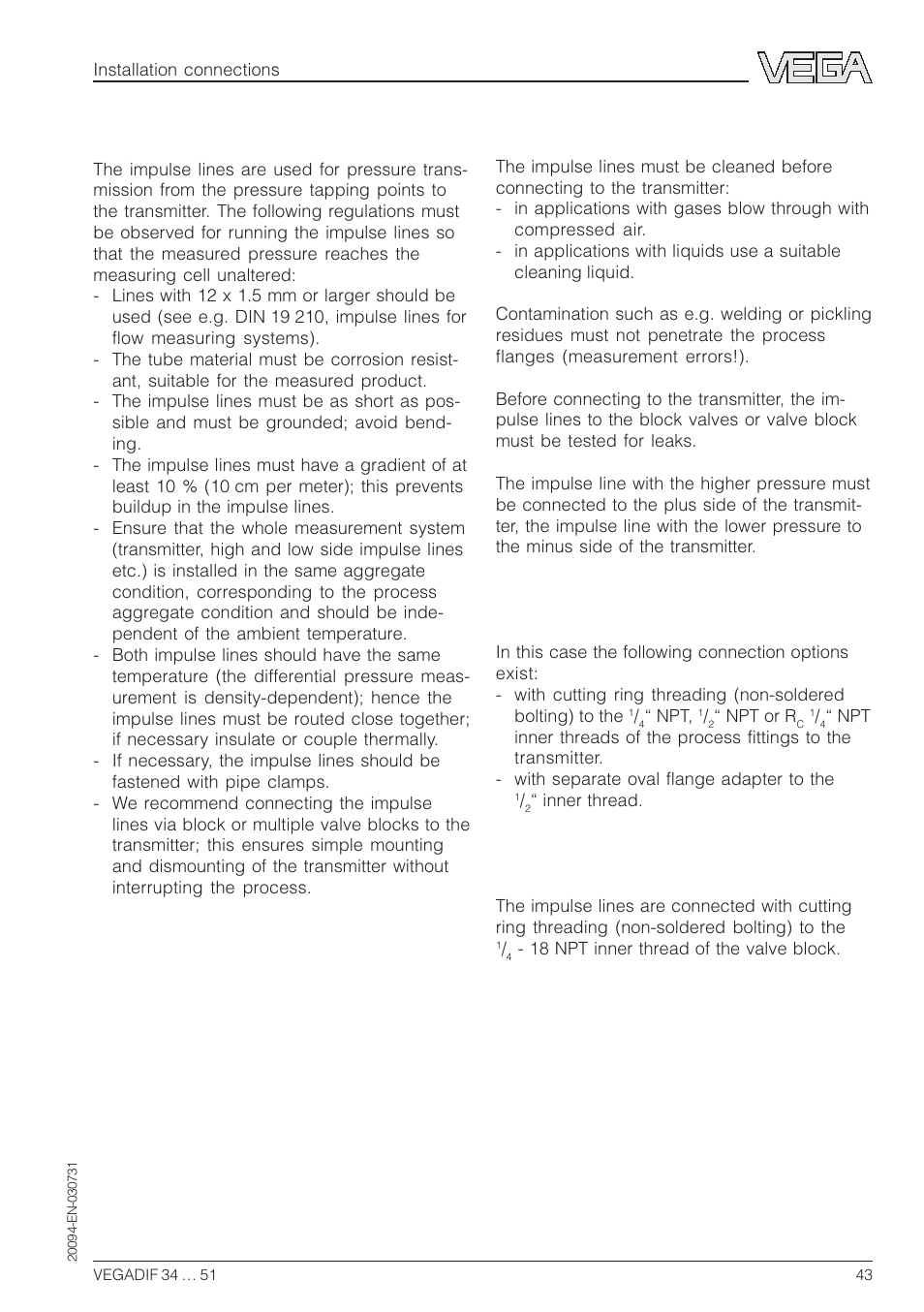 2 impulse lines, Connection of the impulse lines | VEGA VEGADIF 34 … 51 User Manual | Page 43 / 64