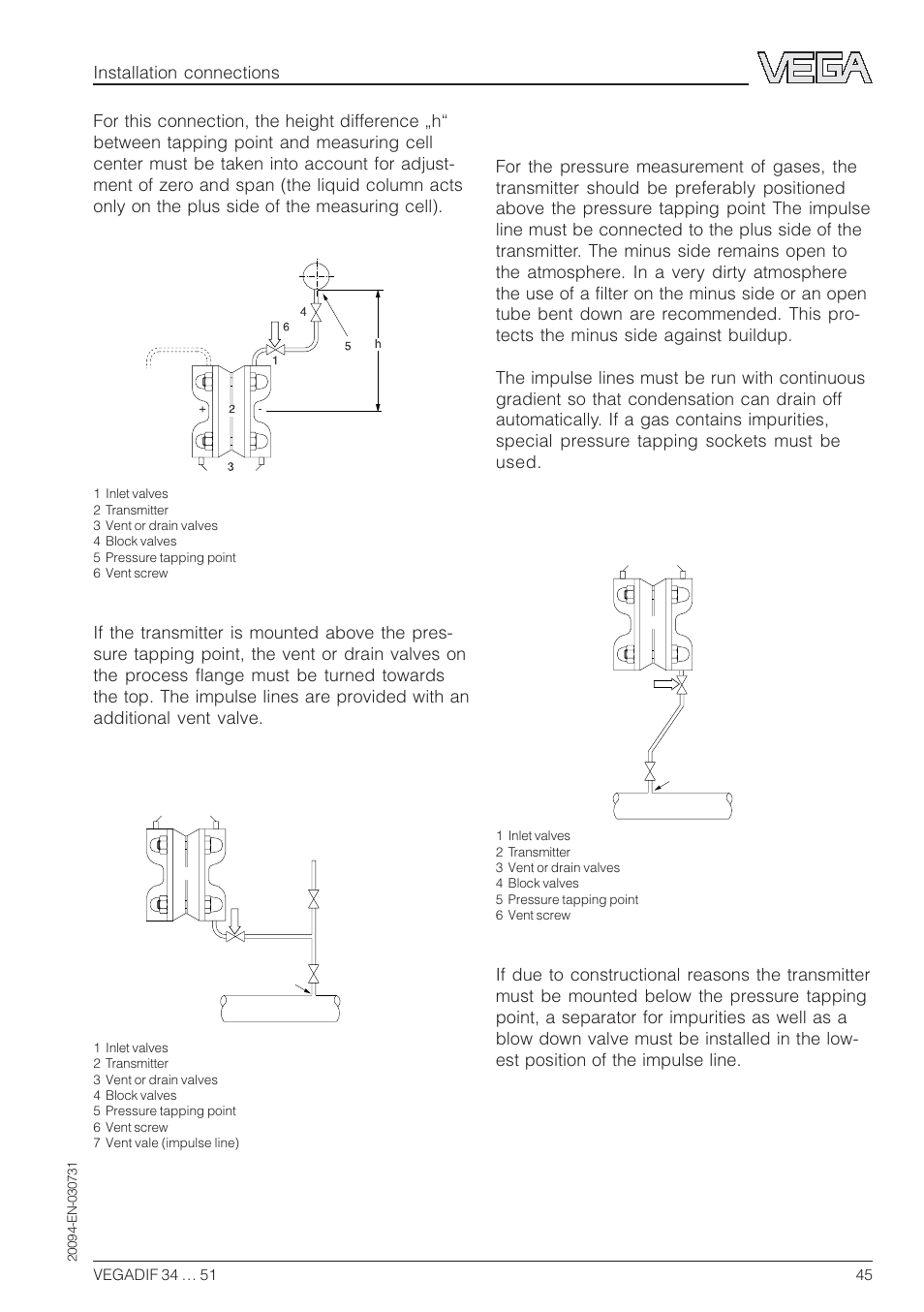 Installation connection for gases | VEGA VEGADIF 34 … 51 User Manual | Page 45 / 64