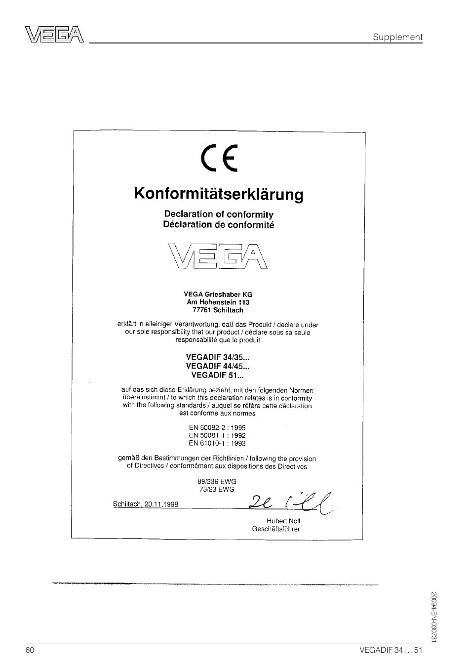 Supplement, Ce declaration of conformity | VEGA VEGADIF 34 … 51 User Manual | Page 60 / 64