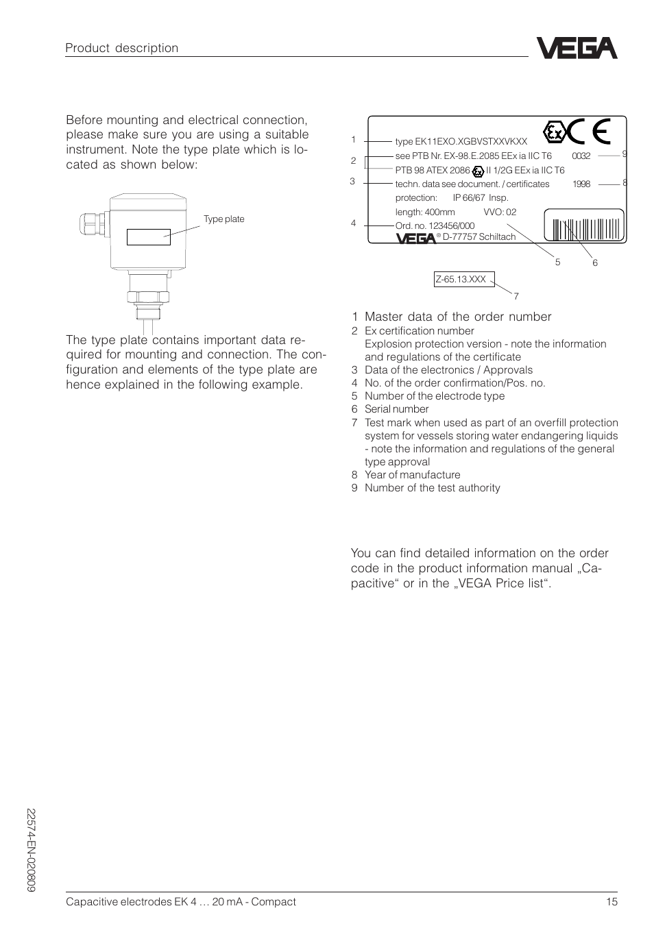 6 type plate, Vega, Ek 11 | Product description | VEGA Capacitive electrodes EK 4 … 20 mA - Compact User Manual | Page 15 / 40