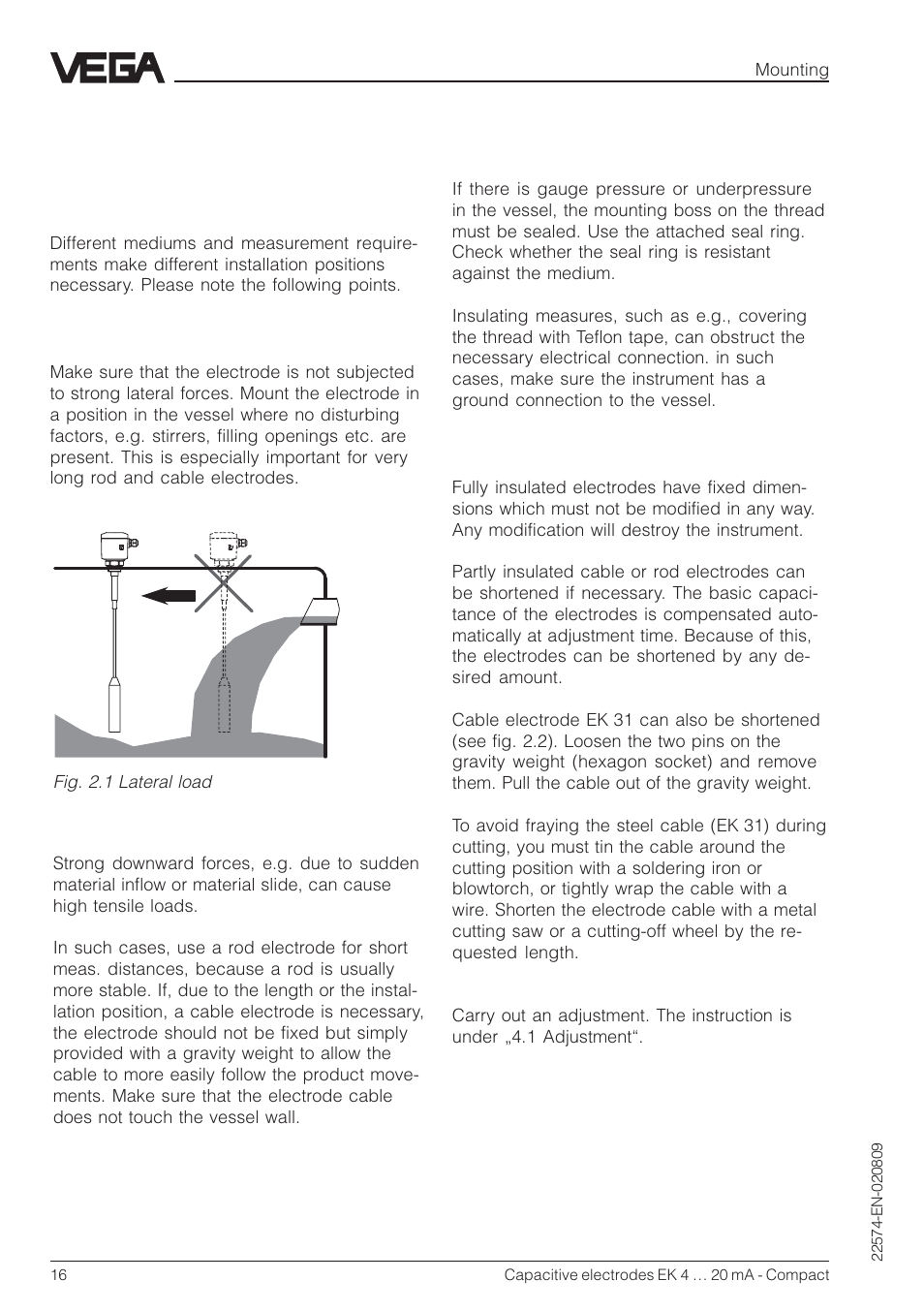 2 mounting, 1 mounting instructions | VEGA Capacitive electrodes EK 4 … 20 mA - Compact User Manual | Page 16 / 40