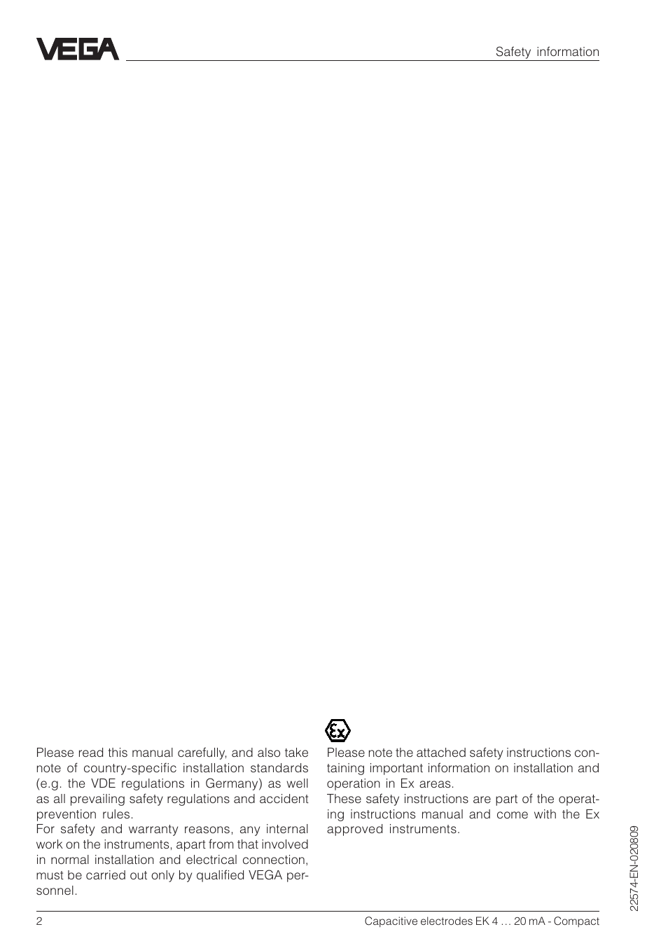 Safety information, Note ex area | VEGA Capacitive electrodes EK 4 … 20 mA - Compact User Manual | Page 2 / 40