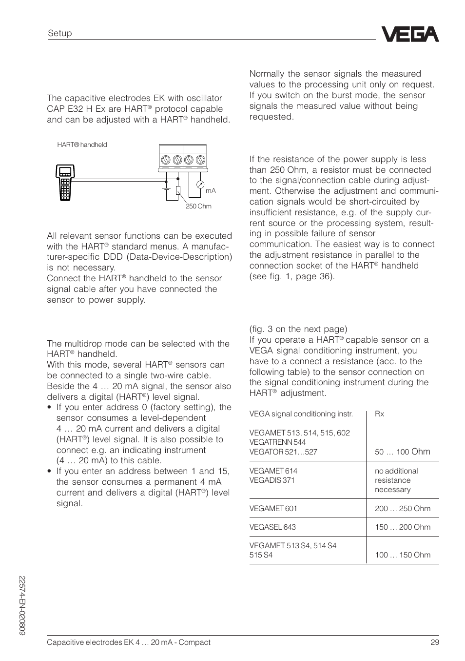 4 adjustment with hart® handheld, 4 adjustment with hart, Handheld | Multidrop mode, Burst mode | VEGA Capacitive electrodes EK 4 … 20 mA - Compact User Manual | Page 29 / 40