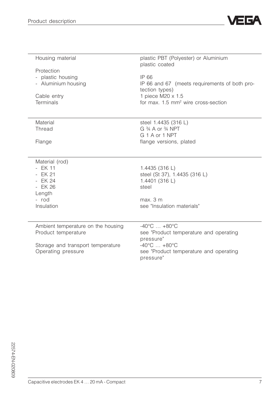 3 technical data | VEGA Capacitive electrodes EK 4 … 20 mA - Compact User Manual | Page 7 / 40