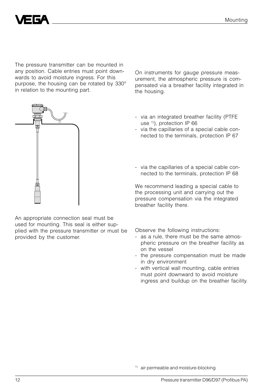 2 mounting, 1 mounting instructions, 2 compensation of the atmospheric pressure | 2 compensation of the atmos- pheric pressure | VEGA D96_D97 Profibus PA User Manual | Page 12 / 36
