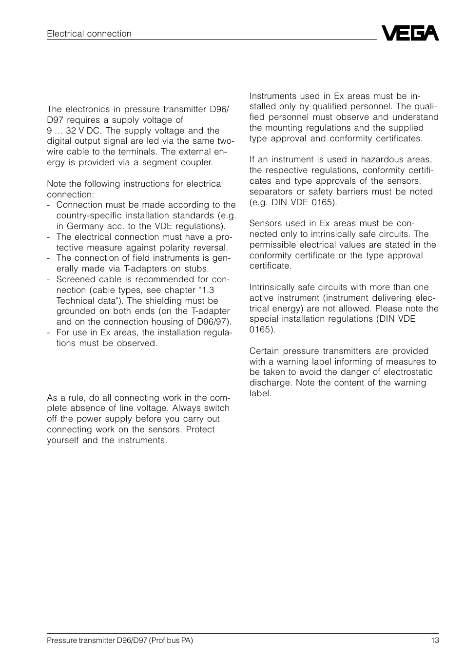 3 electrical connection, 1 connection instructions | VEGA D96_D97 Profibus PA User Manual | Page 13 / 36