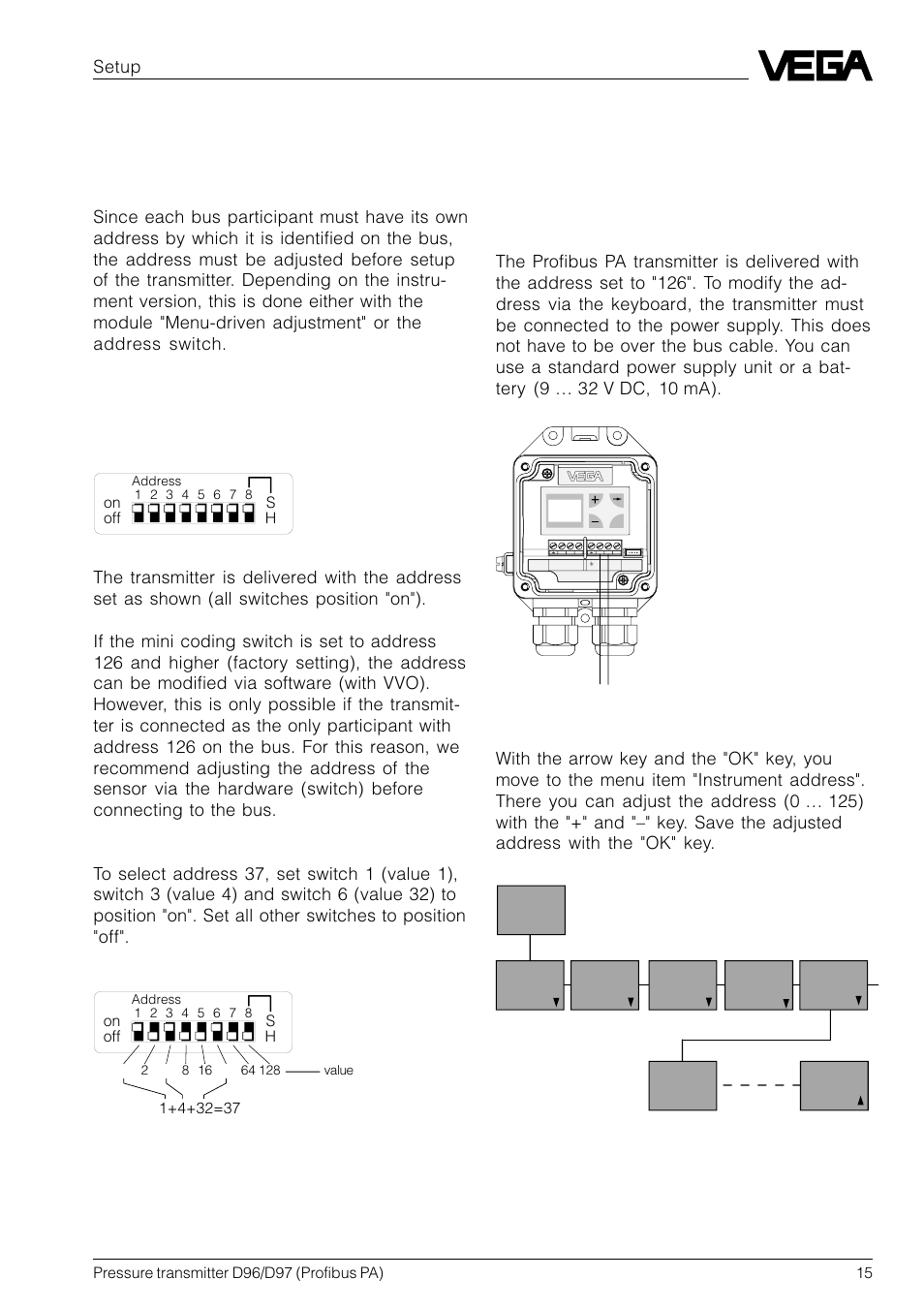 4 setup, 1 setting the profibus pa address, Address adjustment with the address switch | VEGA D96_D97 Profibus PA User Manual | Page 15 / 36