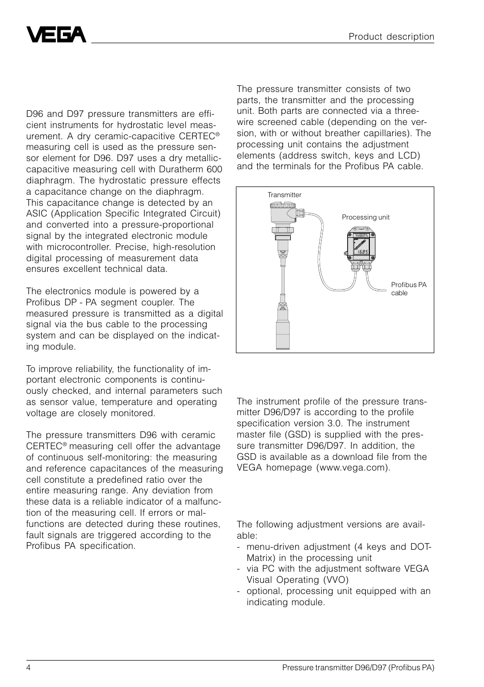 1 product description, 1 function and configuration | VEGA D96_D97 Profibus PA User Manual | Page 4 / 36