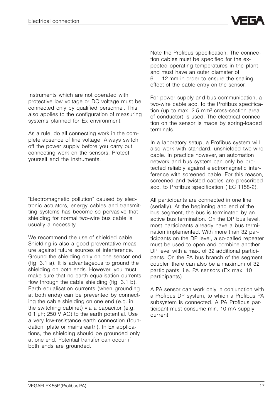 3 electrical connection, 1 connection - connection cable - screening, 1 connection – connection cable – screening | VEGA VEGAFLEX 55P (Profibus PA) User Manual | Page 17 / 48