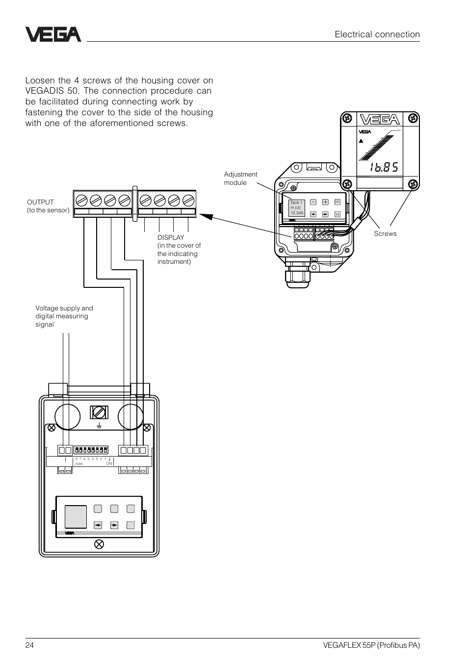 4 connection of the external indicating instrument, Electrical connection, Vegadis 50 | 24 vegaflex 55p (profibus pa) | VEGA VEGAFLEX 55P (Profibus PA) User Manual | Page 24 / 48