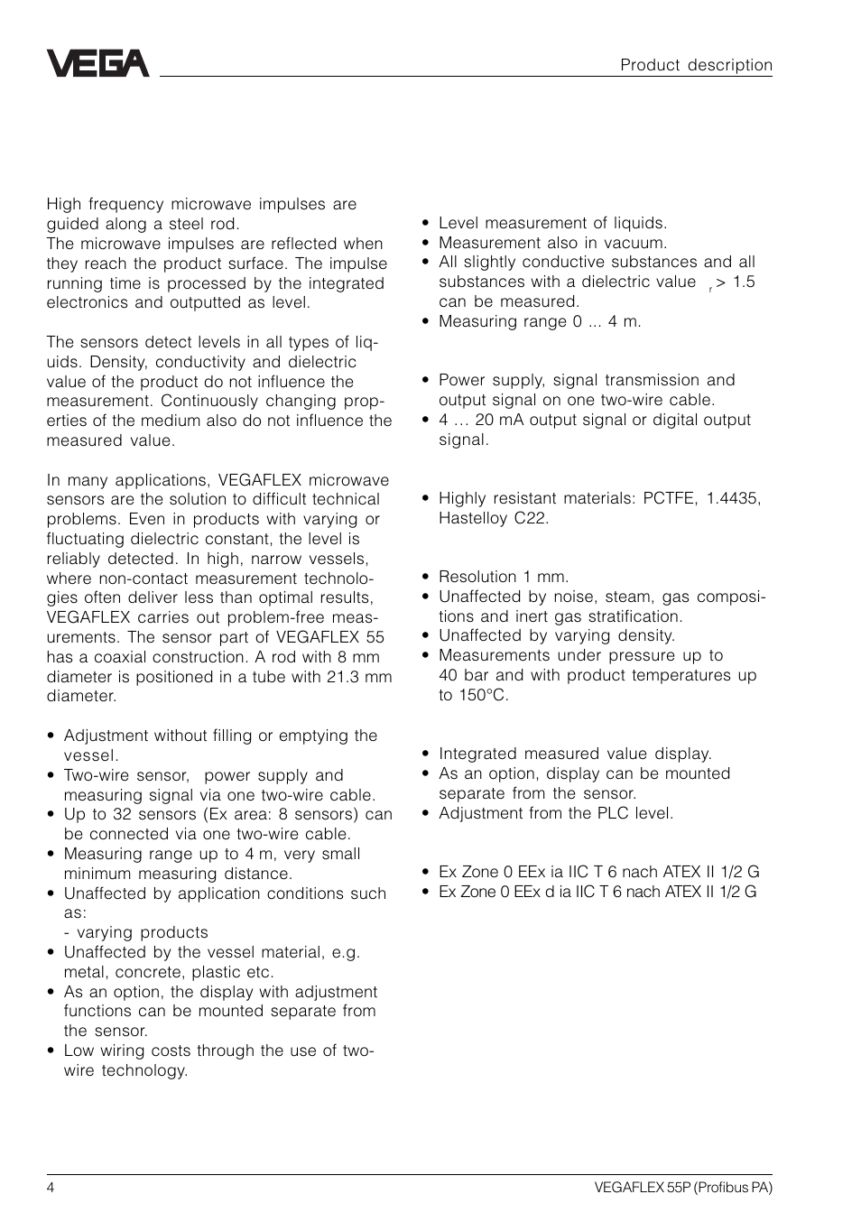 1 product description, 1 function, 2 application features | VEGA VEGAFLEX 55P (Profibus PA) User Manual | Page 4 / 48