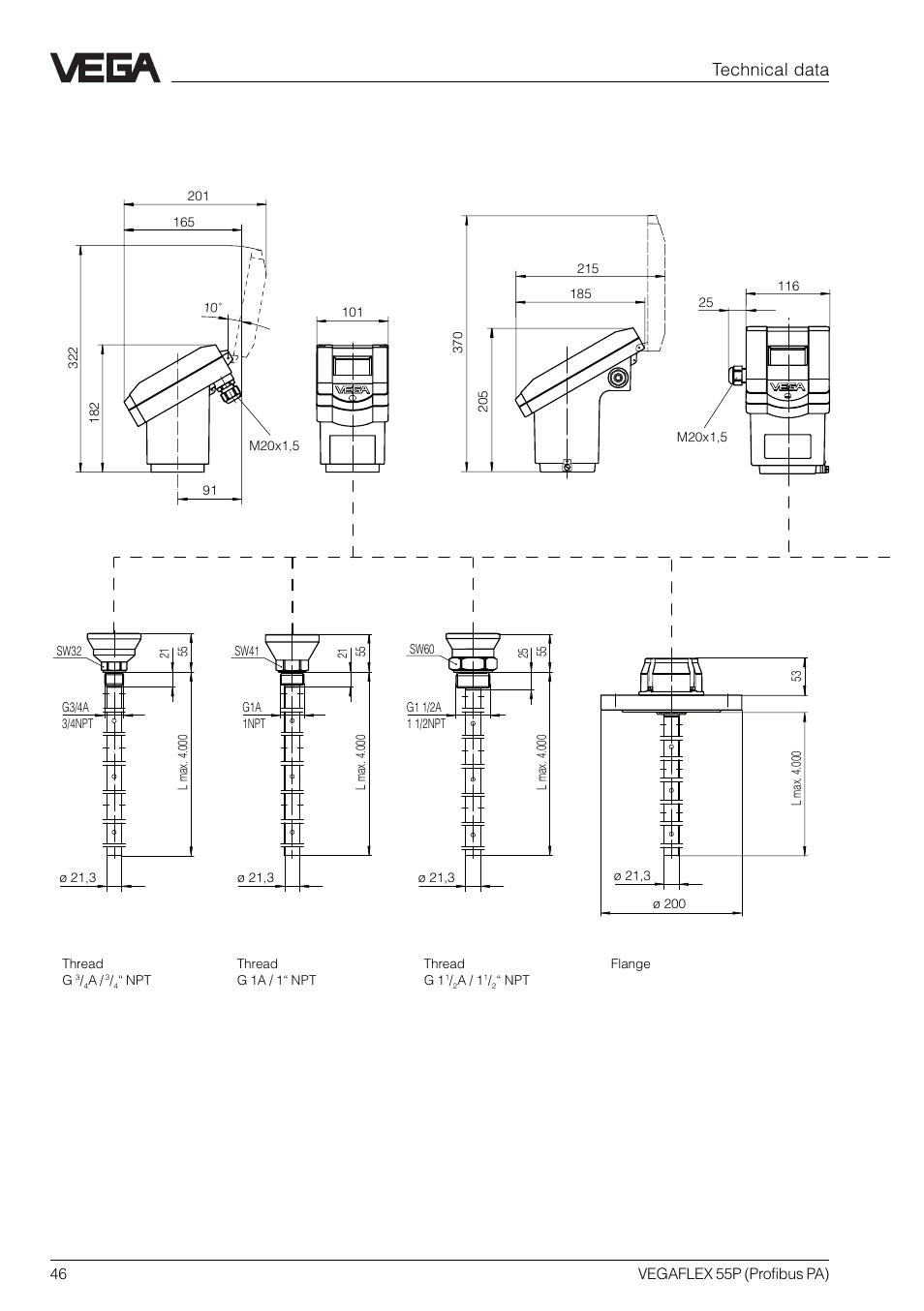 2 dimensions, Technical data, Plastic housing aluminium housing | VEGA VEGAFLEX 55P (Profibus PA) User Manual | Page 46 / 48