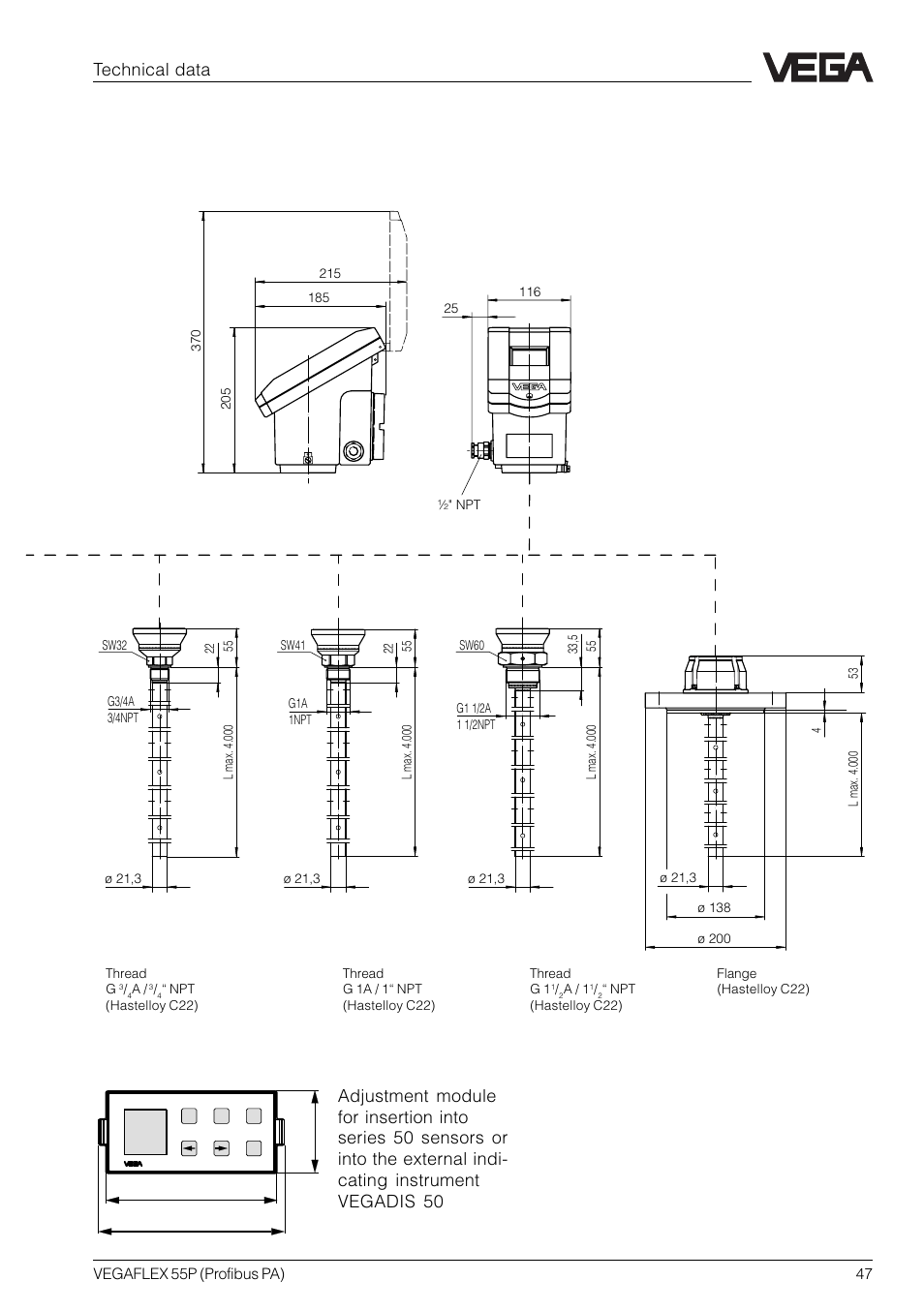 Technical data, Aluminium housing with exd terminal compartment, Adjustment module minicom | VEGA VEGAFLEX 55P (Profibus PA) User Manual | Page 47 / 48