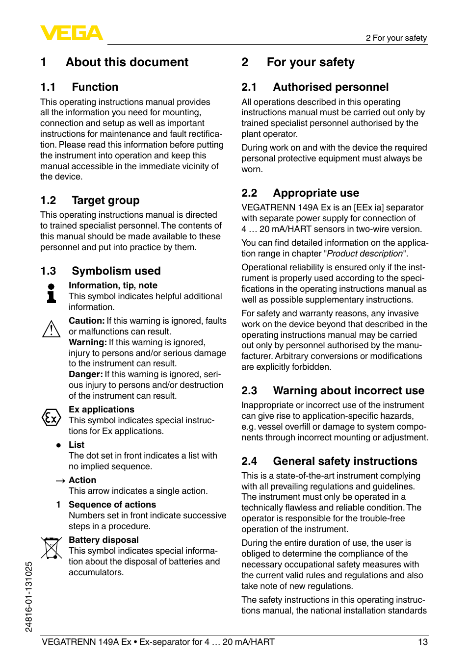 1 about this document, 2 for your safety | VEGA VEGATRENN 149A Ex User Manual | Page 13 / 44