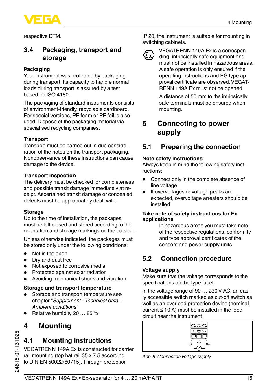 4 mounting, 5 connecting to power supply | VEGA VEGATRENN 149A Ex User Manual | Page 15 / 44