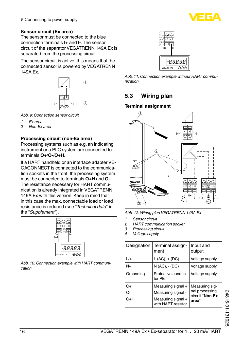 3 wiring plan, Terminal assignment, Designation terminal assign- ment input and output | VEGA VEGATRENN 149A Ex User Manual | Page 16 / 44