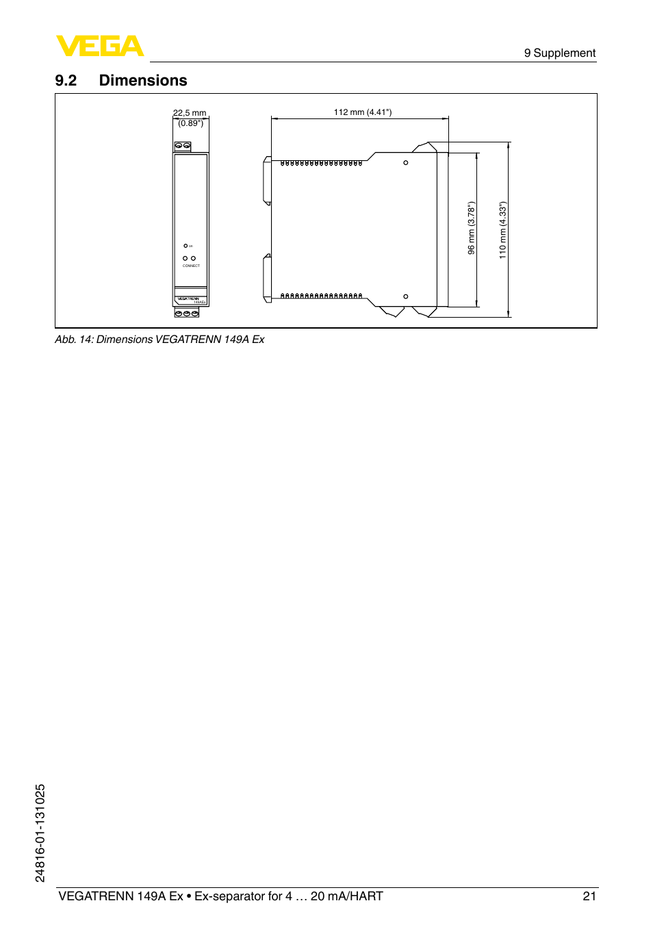 2 dimensions, 9 supplement | VEGA VEGATRENN 149A Ex User Manual | Page 21 / 44