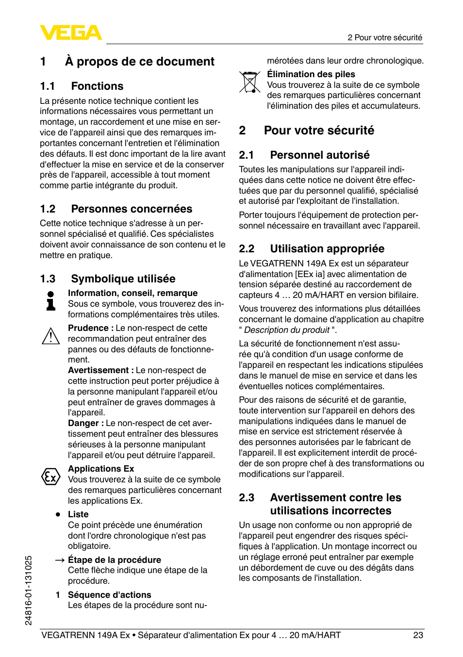 1 à propos de ce document, 2 pour votre sécurité | VEGA VEGATRENN 149A Ex User Manual | Page 23 / 44