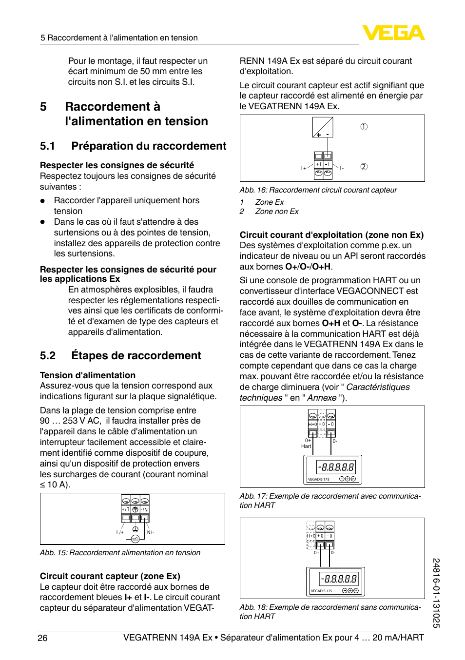 5 raccordement à l'alimentation en tension, 1 préparation du raccordement, 2 étapes de raccordement | VEGA VEGATRENN 149A Ex User Manual | Page 26 / 44