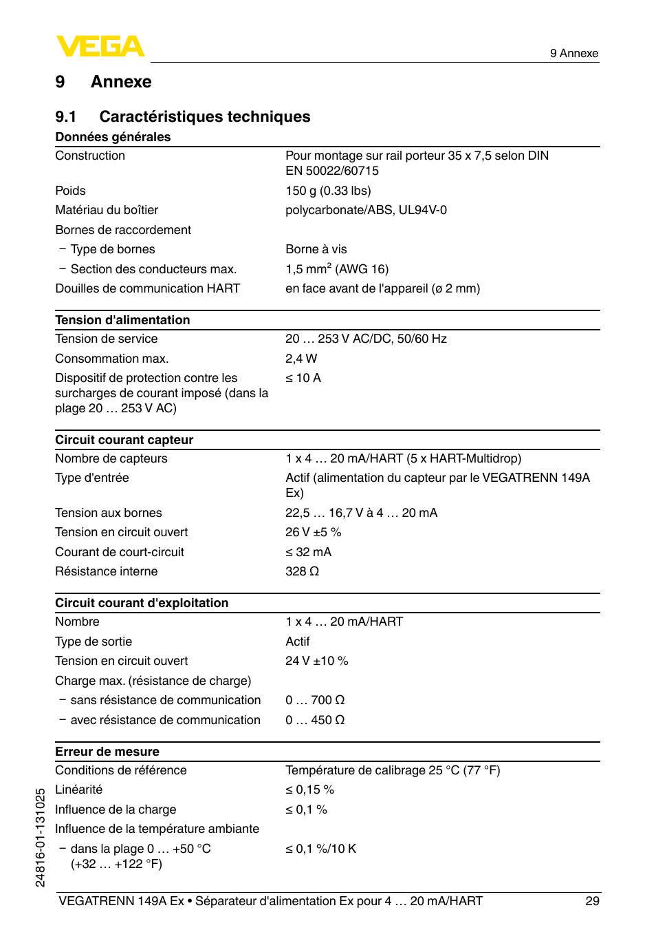 9 annexe, 1 caractéristiques techniques | VEGA VEGATRENN 149A Ex User Manual | Page 29 / 44