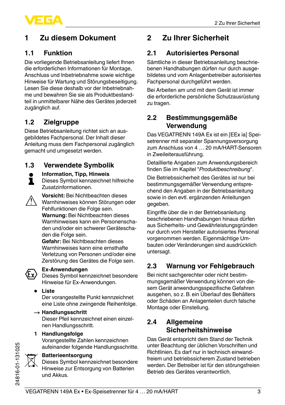 1 zu diesem dokument, 2 zu ihrer sicherheit | VEGA VEGATRENN 149A Ex User Manual | Page 3 / 44