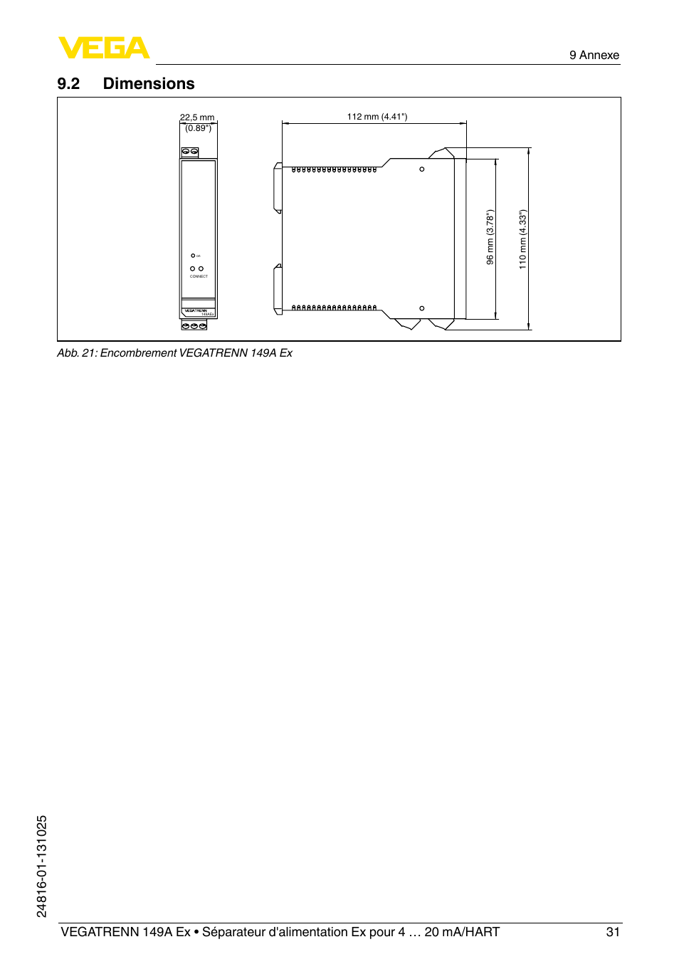 2 dimensions, 9 annexe | VEGA VEGATRENN 149A Ex User Manual | Page 31 / 44